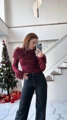 Saçaklı Bordo Triko