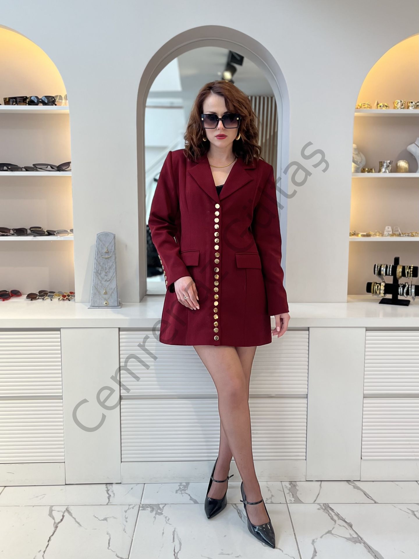 Bordo Çıtçıtlı Ceket Elbise